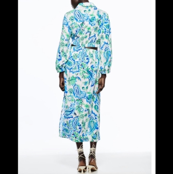 Zara Blue and Green Cut Out Midi Shirt Dress Size Medium (Bloggers Favorite) - Picture 8 of 16